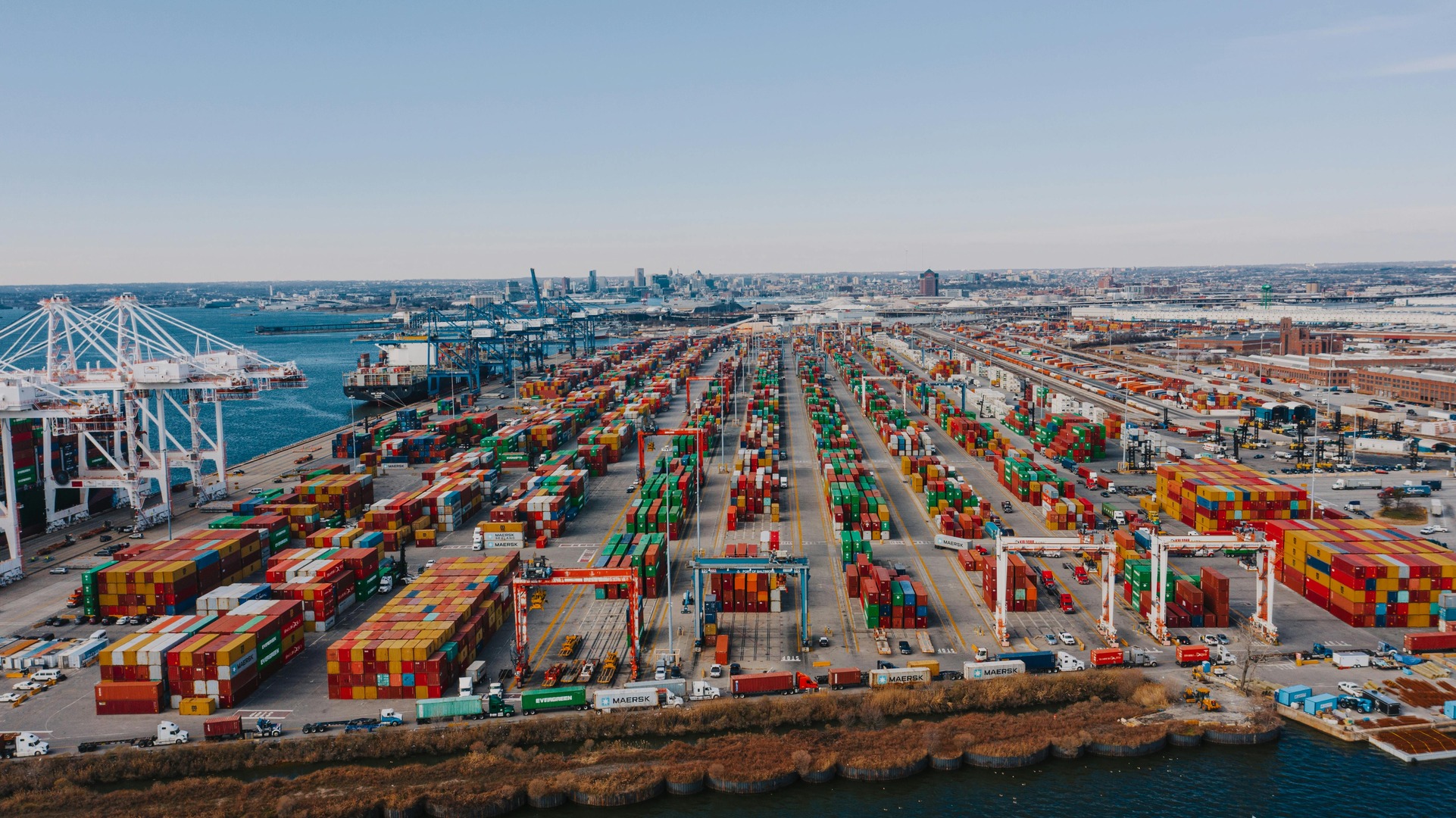Container ships docked at a US port terminal